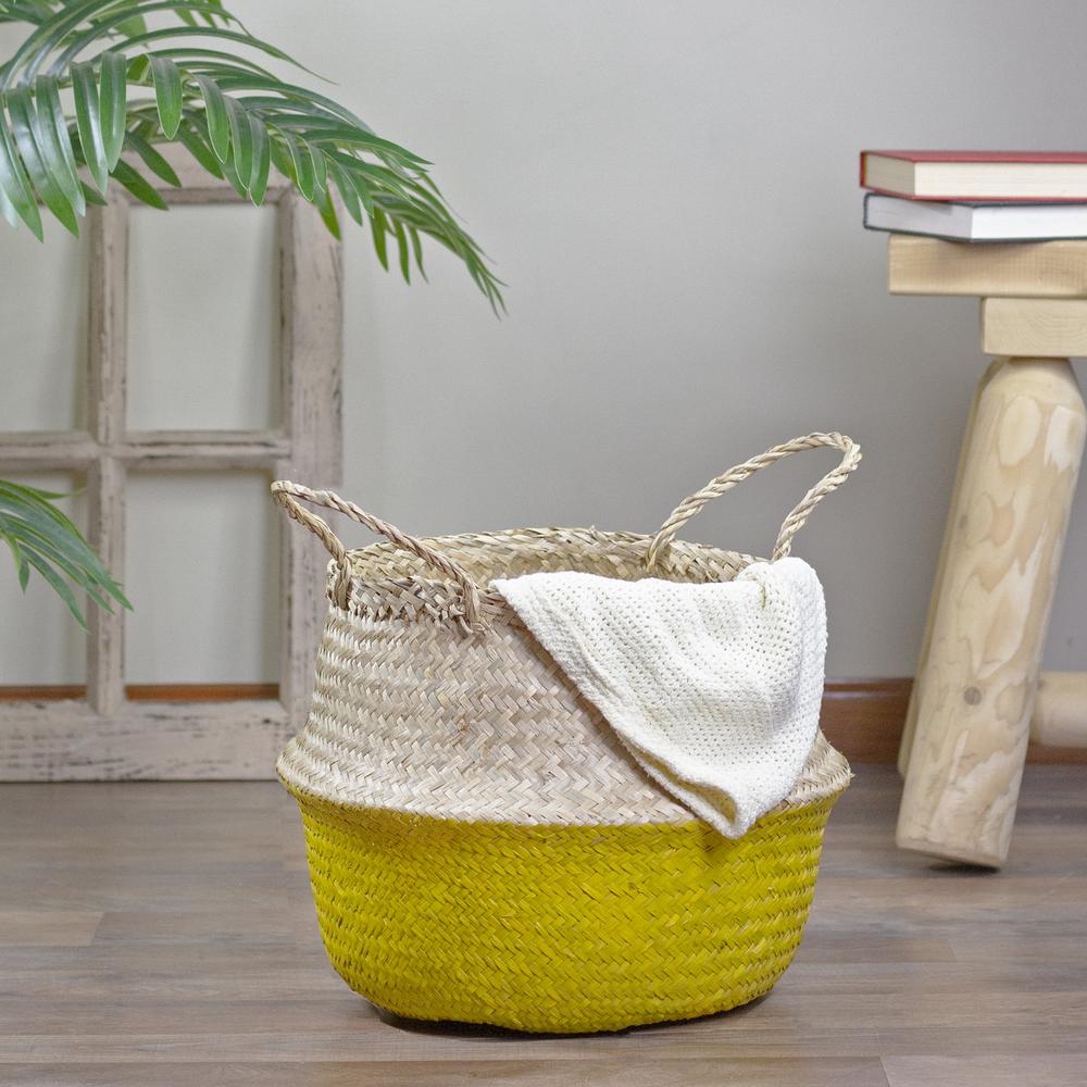 15.5" Beige and Yellow Large Belly Basket with Handles. Picture 2