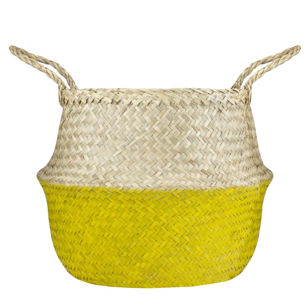 15.5" Beige and Yellow Large Belly Basket with Handles. Picture 1