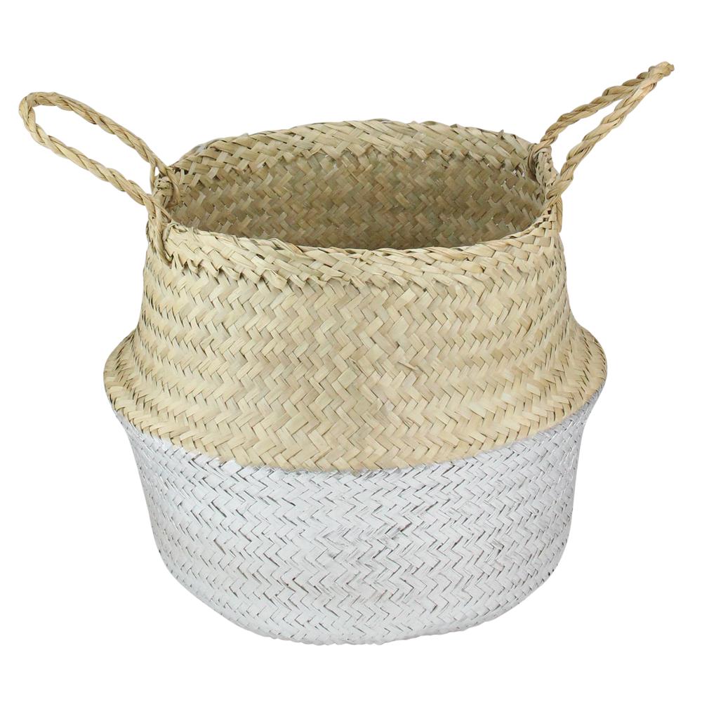 13" Beige and Silver Seagrass Belly Wicker Basket with Handles. Picture 2