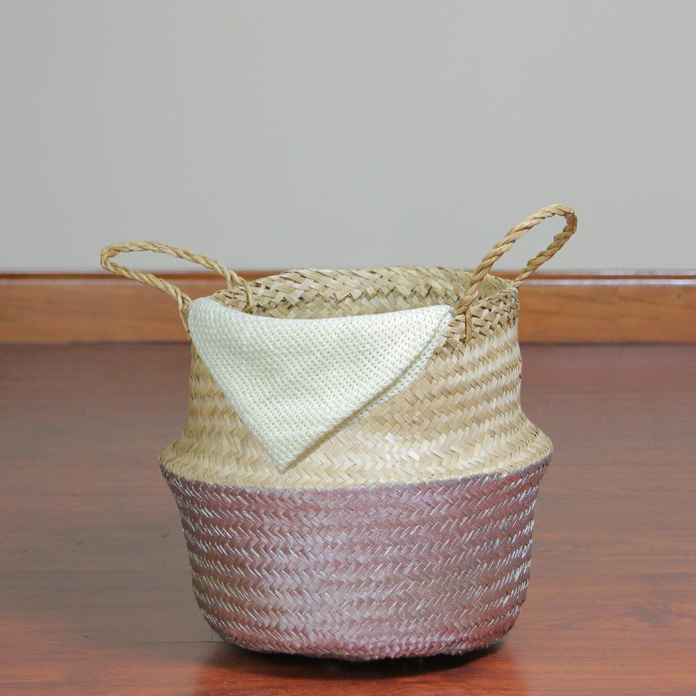 13" Beige and Silver Seagrass Belly Wicker Basket with Handles. Picture 3