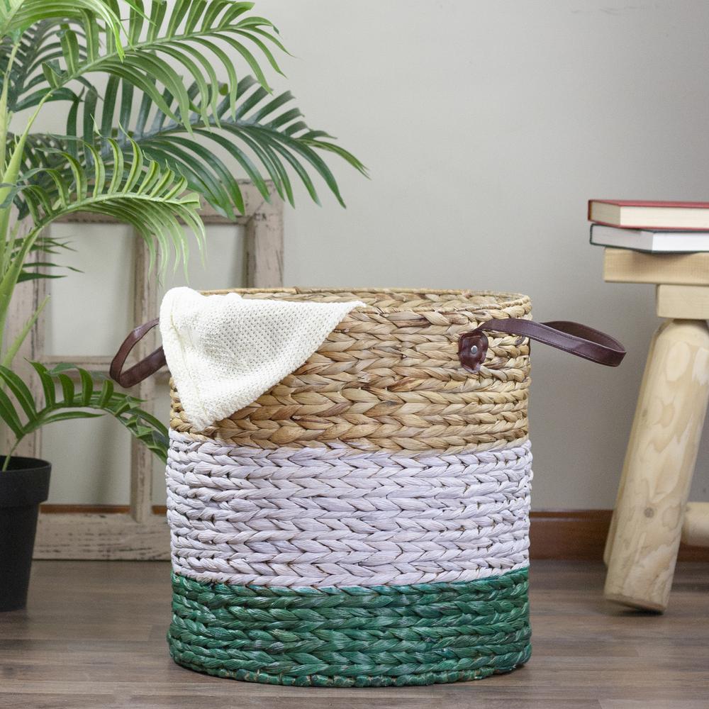 16" Beige  White and Teal Braided Wicker Basket with Handles. Picture 2