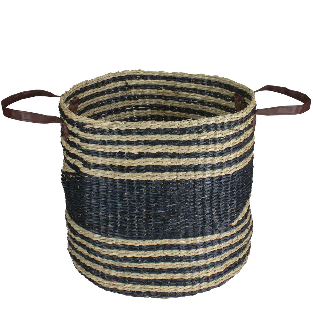 15" Beige and Black Woven Seagrass Basket with Handles. The main picture.