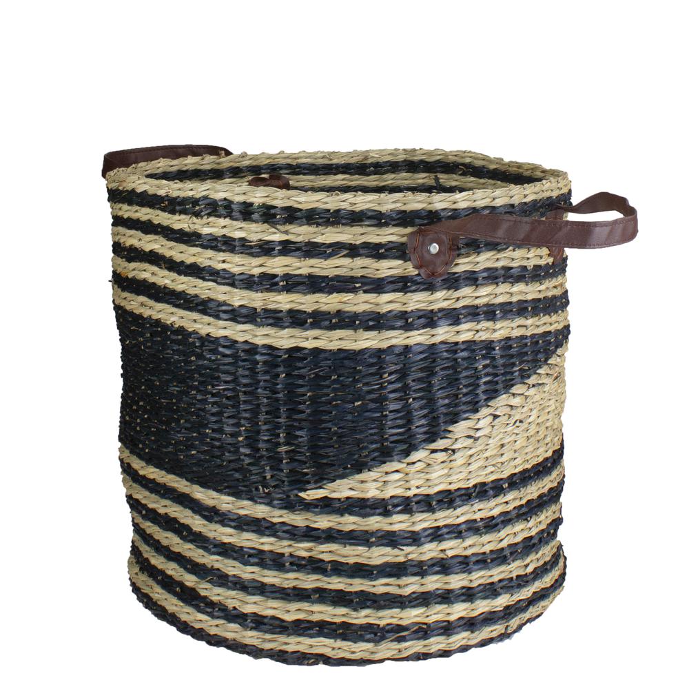15" Beige and Black Woven Seagrass Basket with Handles. Picture 3