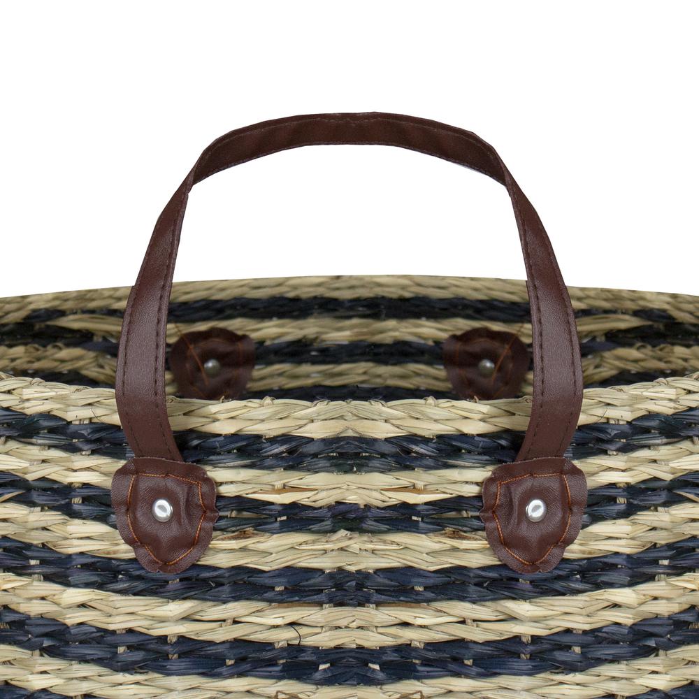 15" Beige and Black Woven Seagrass Basket with Handles. Picture 4