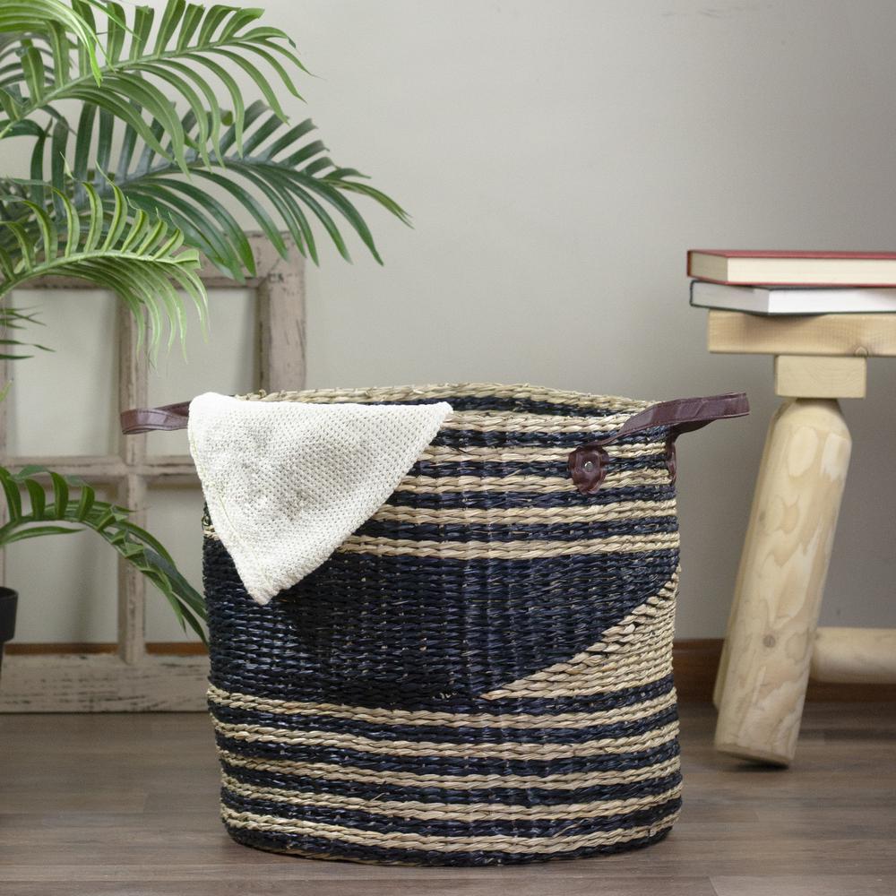 15" Beige and Black Woven Seagrass Basket with Handles. Picture 2