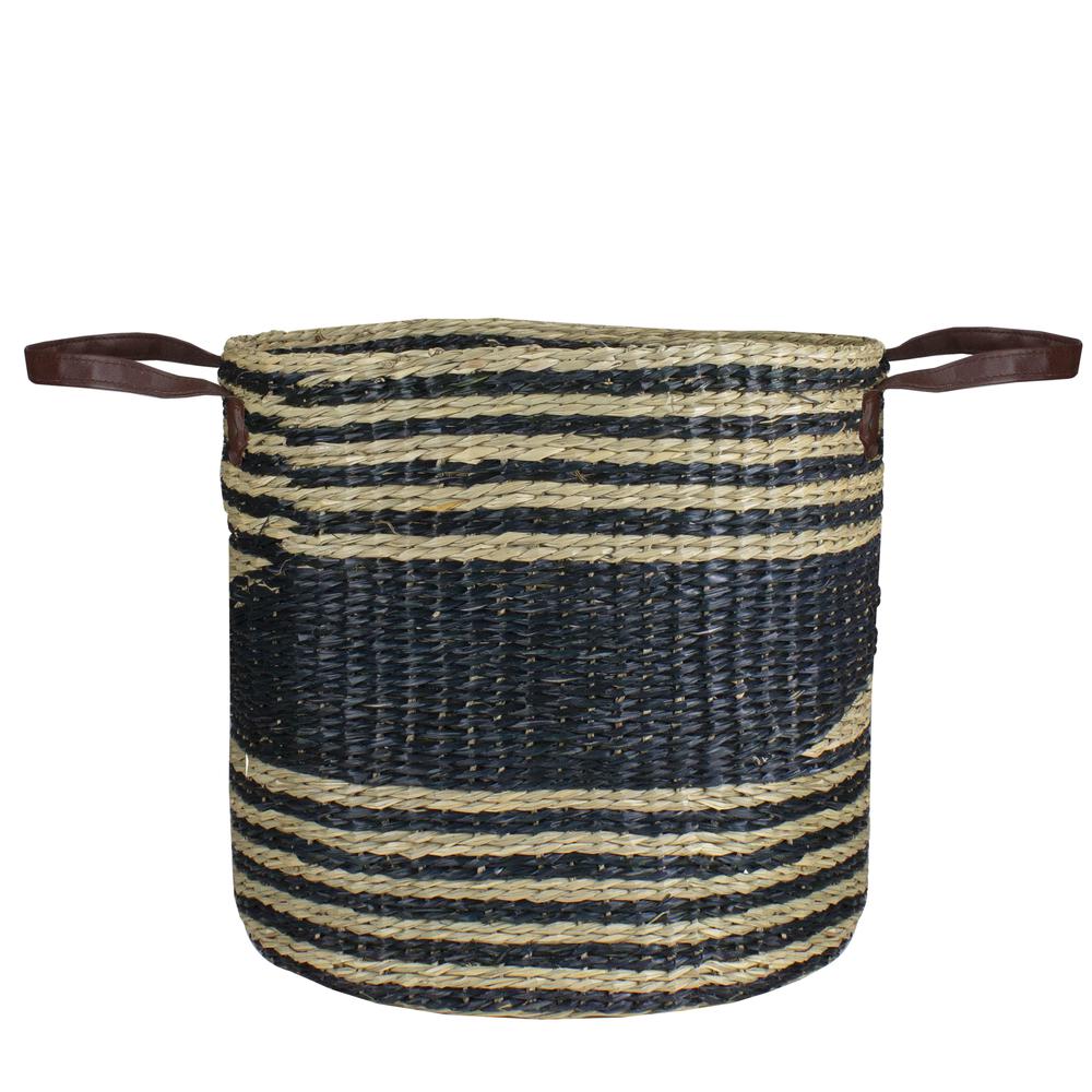 15" Beige and Black Woven Seagrass Basket with Handles. Picture 5