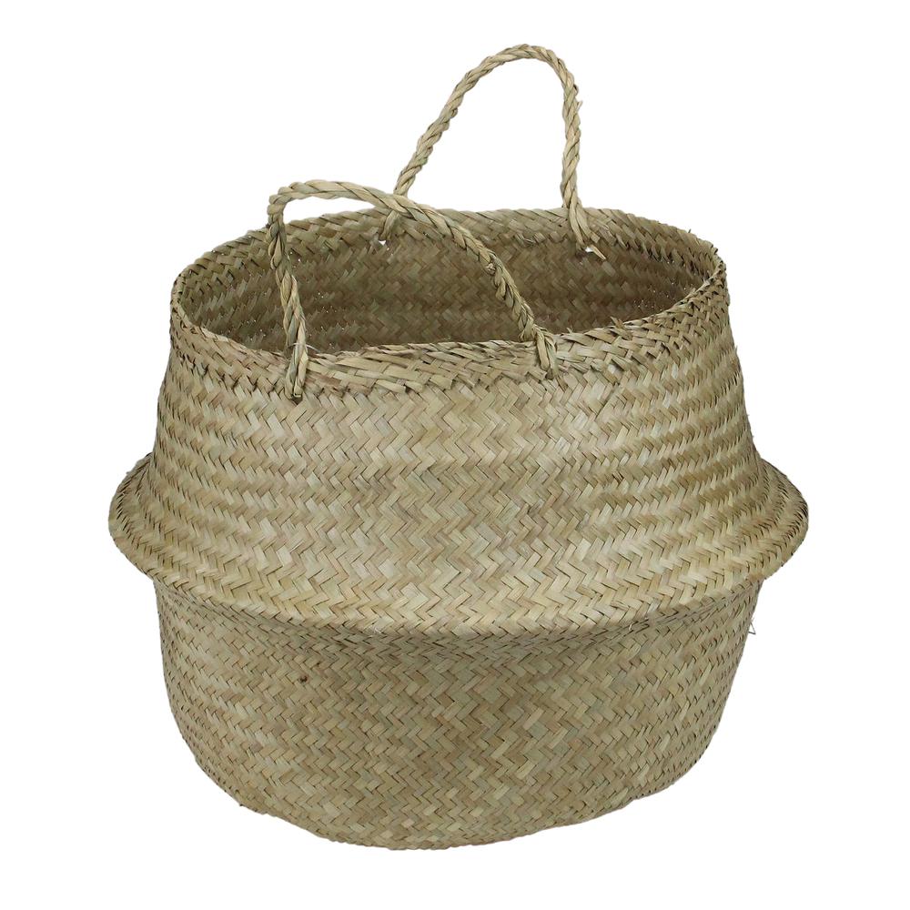 15" Brown Seagrass Wide Belly Wicker Basket with Handles. Picture 2