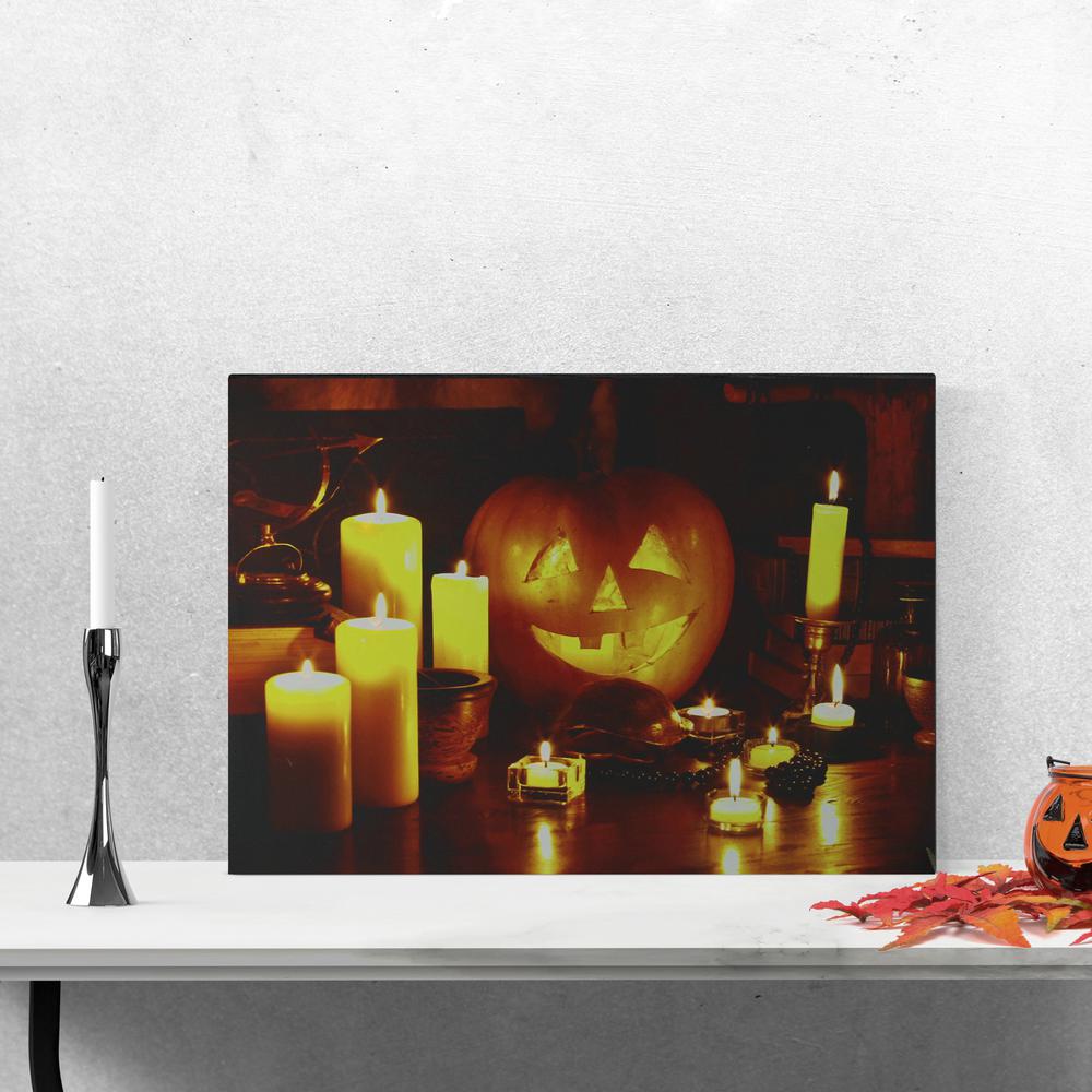 Orange and Yellow LED Lighted Witch's Jack-O'-Lantern Halloween Wall Art 15.75" x 19.5". Picture 2