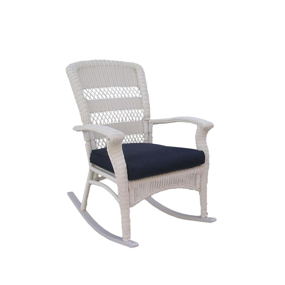 42" White Resin Wicker Rocker Chair with Blue Cushion. Picture 1