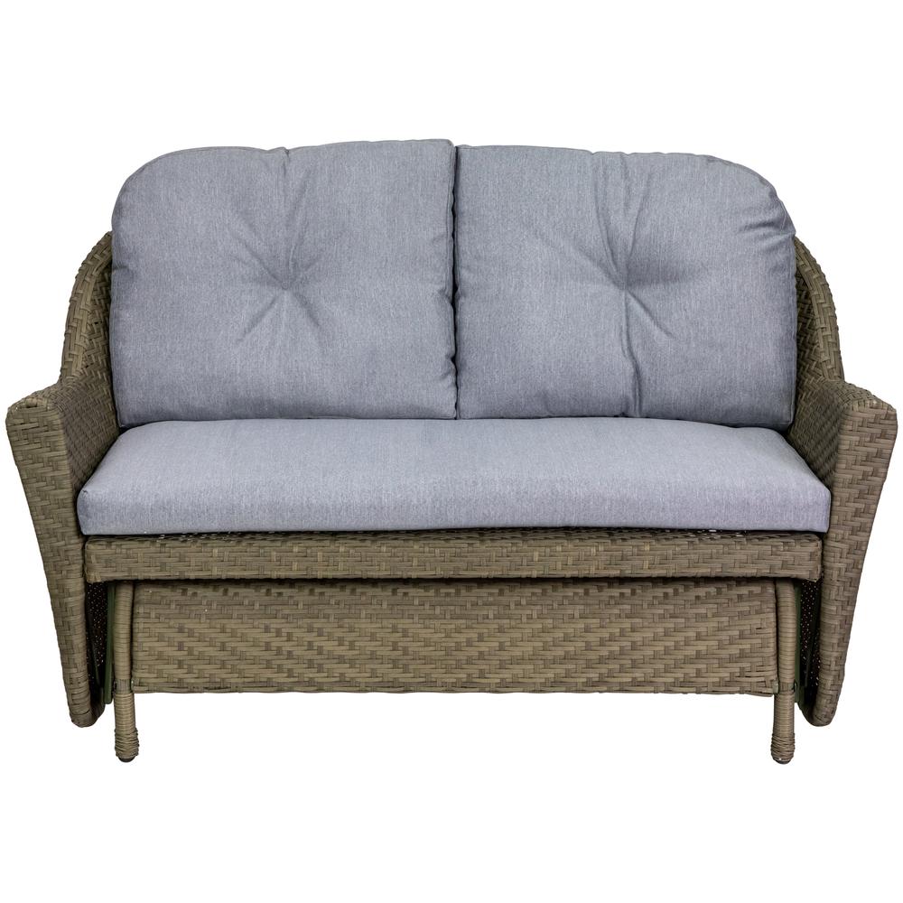 46" Taupe Gray Resin Wicker Deep Seated Double Glider with Gray Cushions. Picture 1