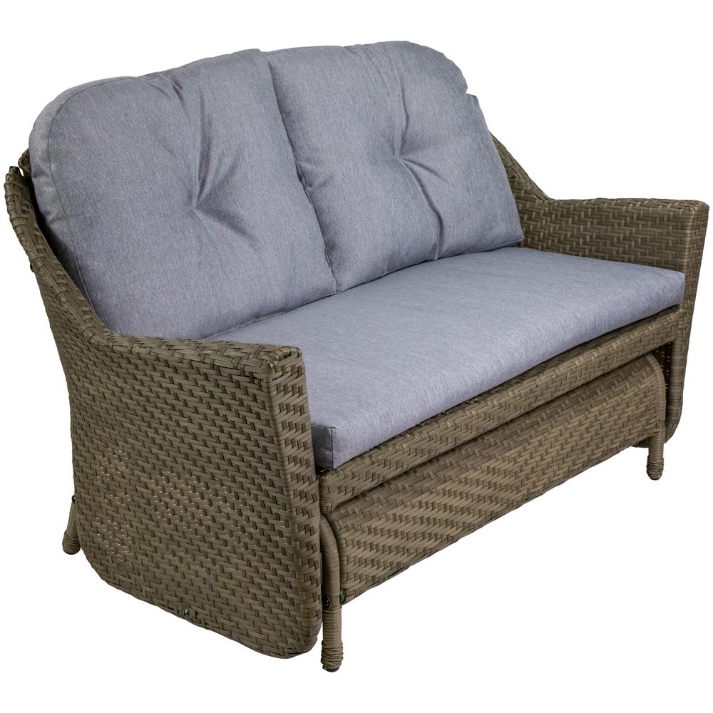 46" Taupe Gray Resin Wicker Deep Seated Double Glider with Gray Cushions. Picture 3