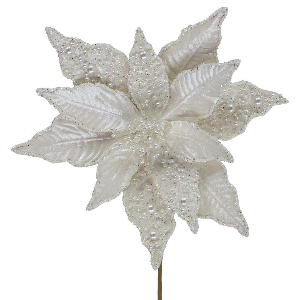 22" Pearl White Glittered Poinsettia Christmas Stem Spray. Picture 3