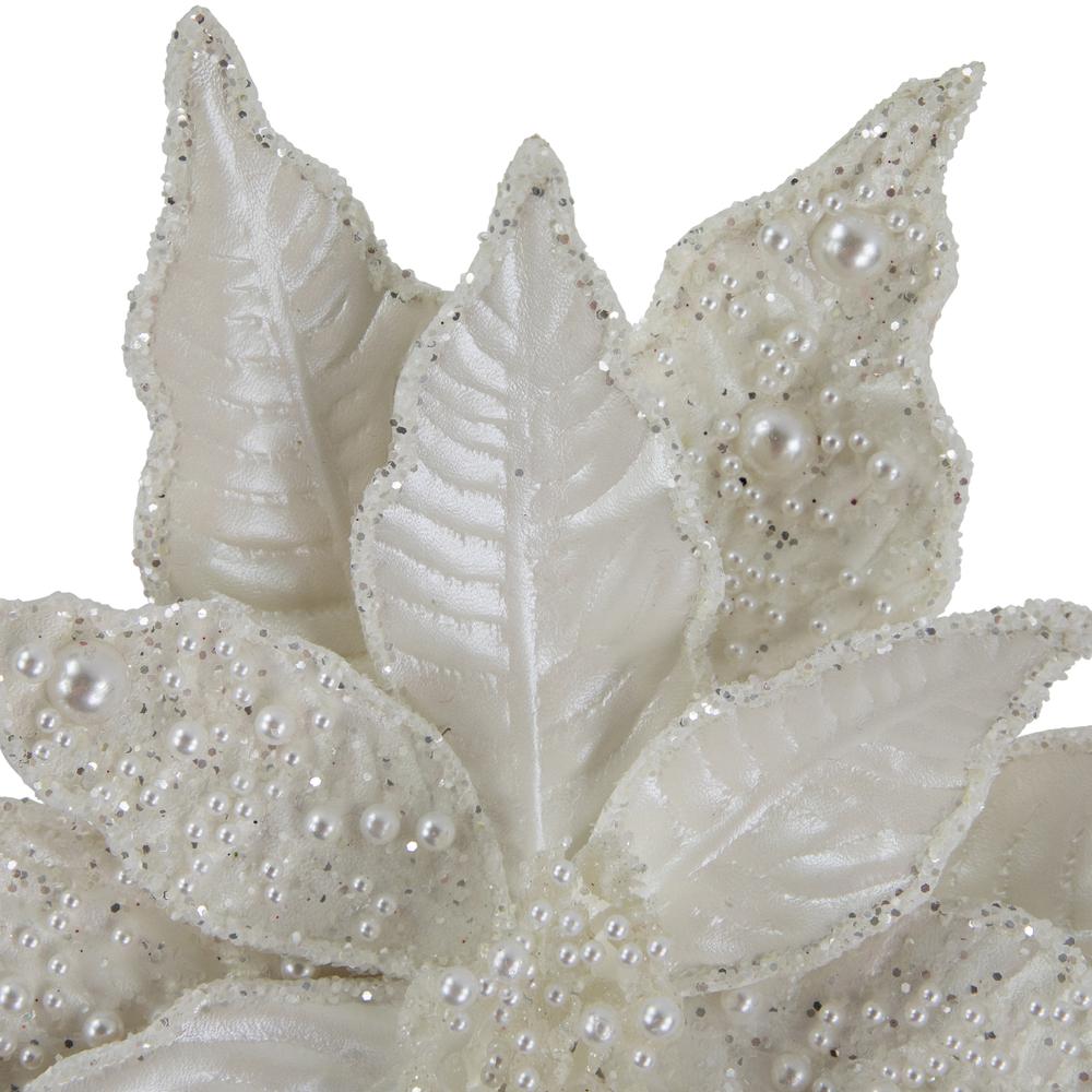 22" Pearl White Glittered Poinsettia Christmas Stem Spray. Picture 4