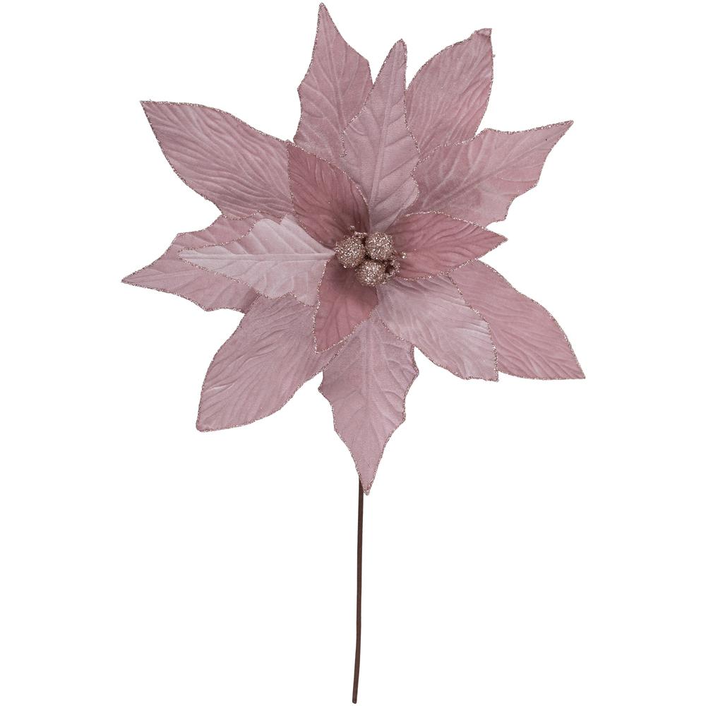 24" Glittered Pink Poinsettia Christmas Stem Spray. Picture 1