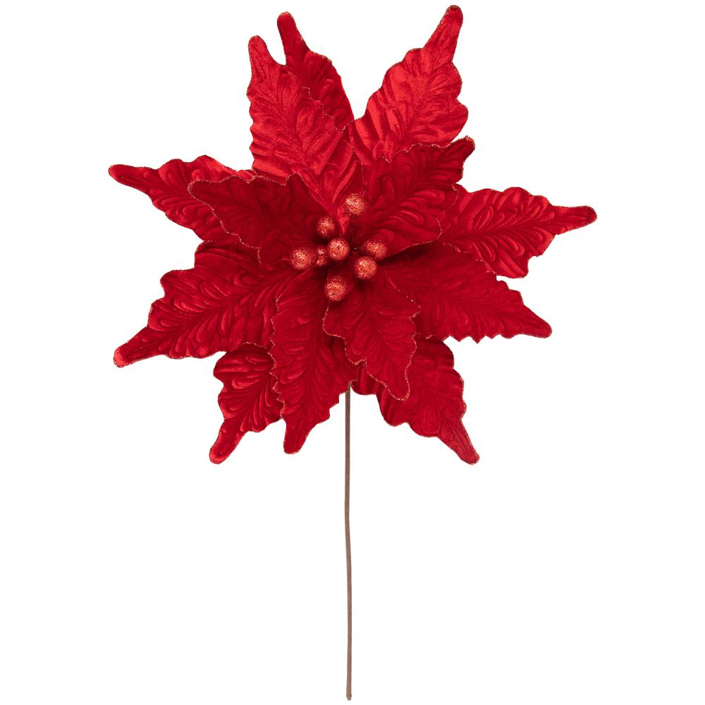 24" Glittered Red Poinsettia Christmas Stem Spray. Picture 1