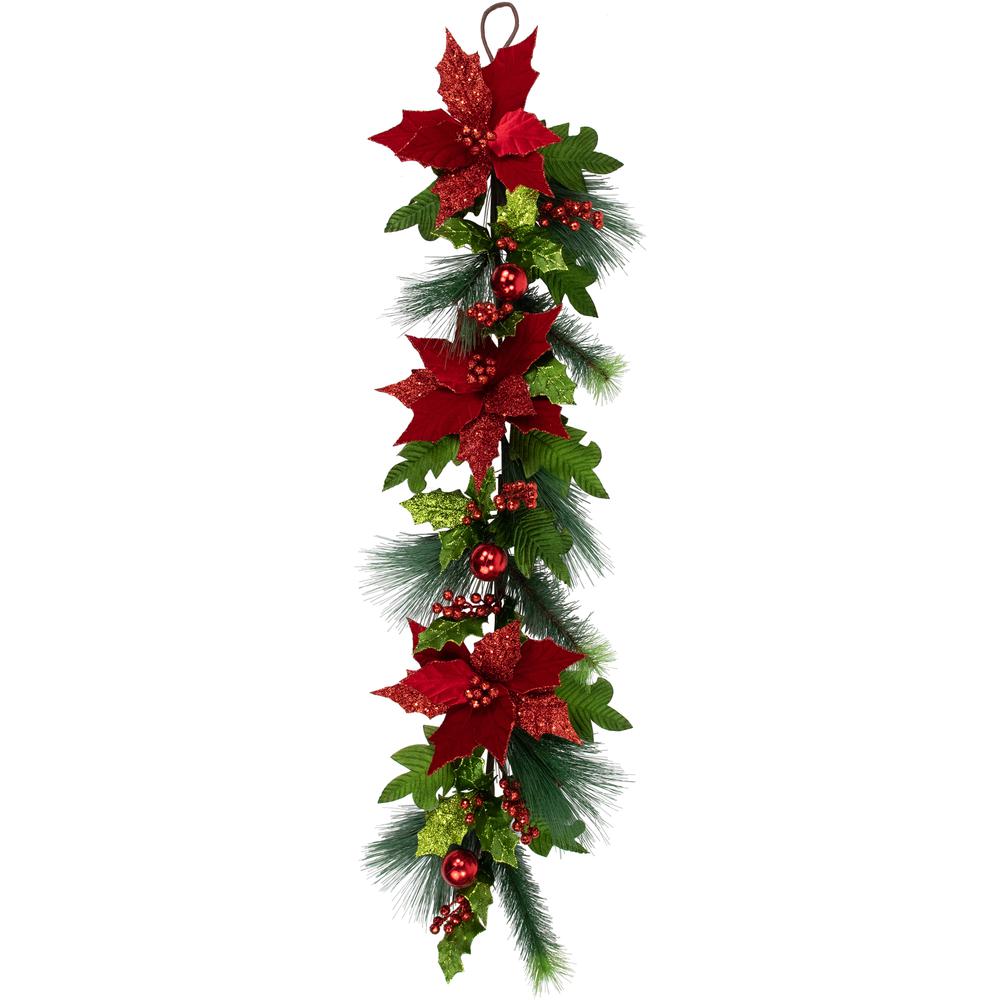 48" Glittered Red Poinsettia and Long Pine Christmas Swag  Unlit. Picture 1