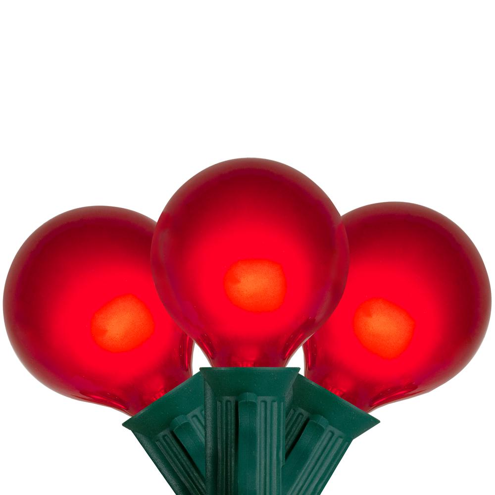Set of 15 Red Satin G50 Globe Christmas Lights - Green Wire. Picture 1
