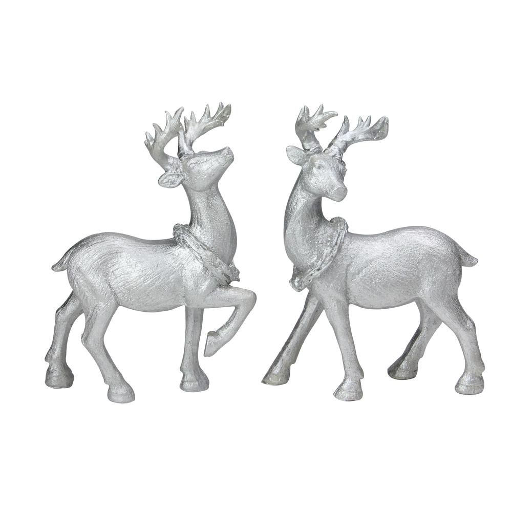 Set of 2 Silver Glitter Dusted Reindeer Christmas Figurines. Picture 1
