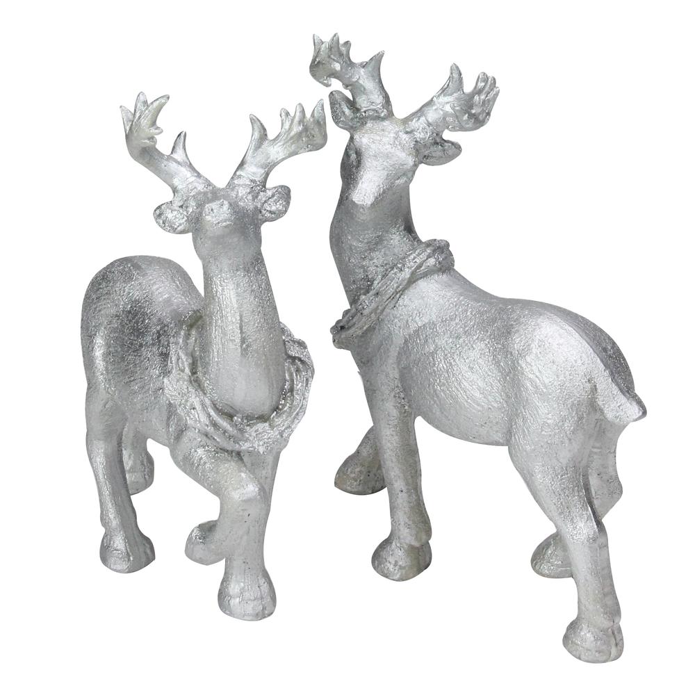 Set of 2 Silver Glitter Dusted Reindeer Christmas Figurines. Picture 2