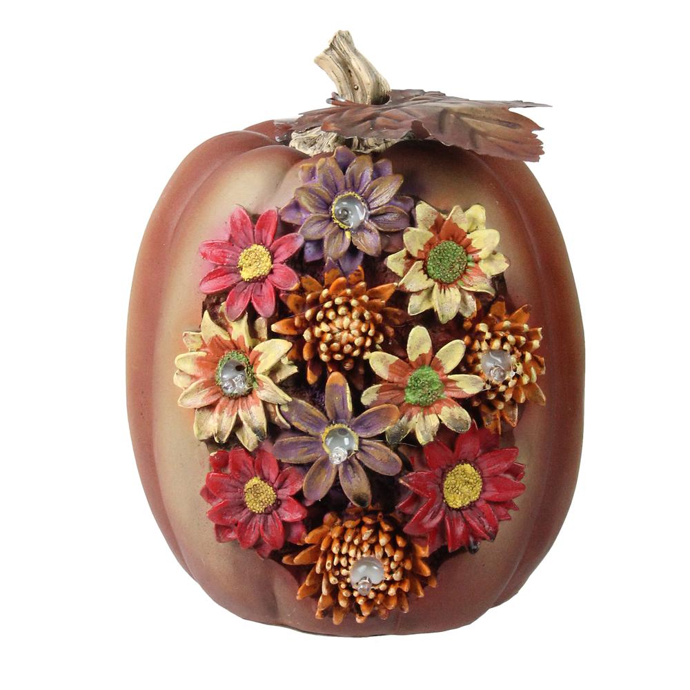 8" Brown Solar Powered Floral Pumpkin Outdoor Decoration. Picture 1