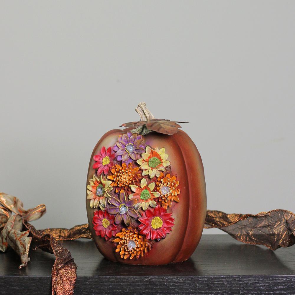 8" Brown Solar Powered Floral Pumpkin Outdoor Decoration. Picture 3