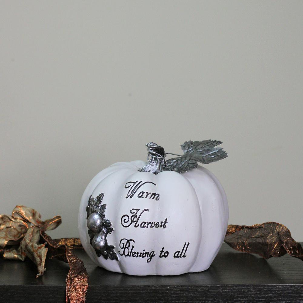 8" White and Black Warm Harvest Blessing Thanksgiving Table Top Pumpkin. Picture 3