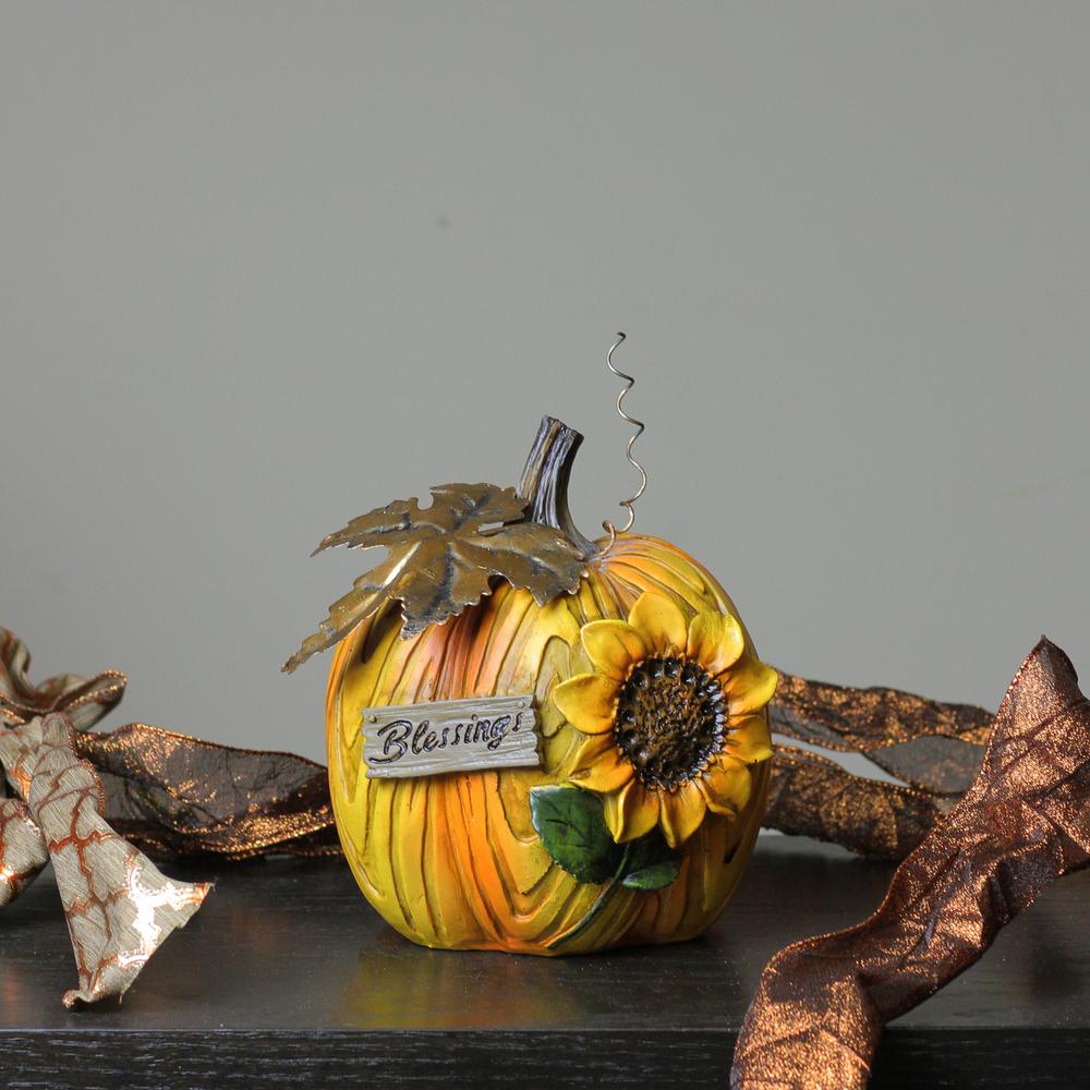 6.5" Brown and Yellow Sunflower "Blessings" Thanksgiving Tabletop Pumpkin Decor. Picture 3
