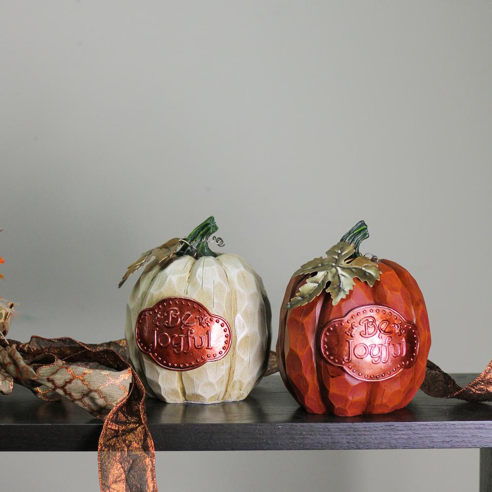 Set of 2 Autumn Harvest "Be Joyful" Pumpkin Figurines. Picture 3
