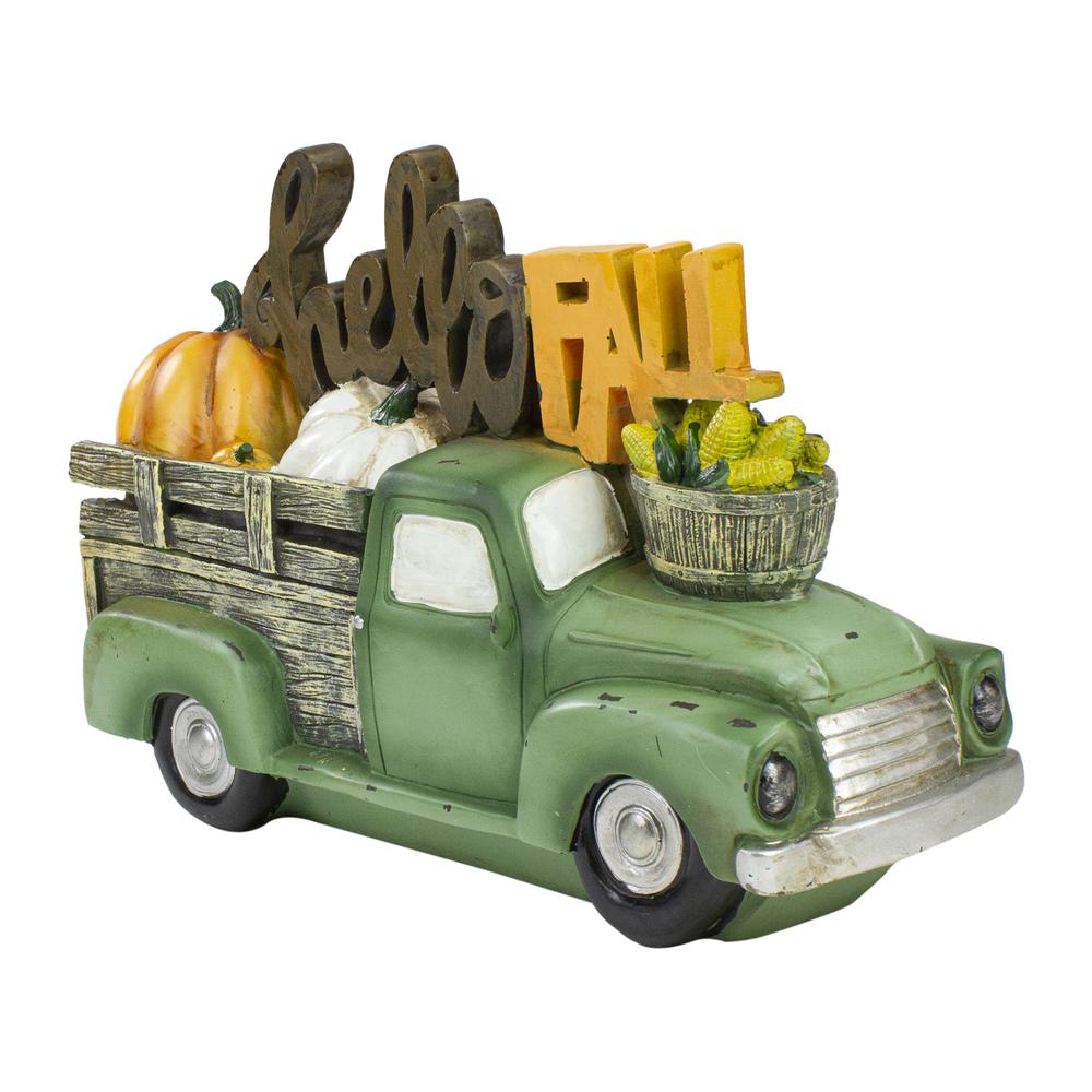 11.25" Green Truck "Hello Fall" Autumn Harvest Pumpkin Tabletop Decoration. Picture 1