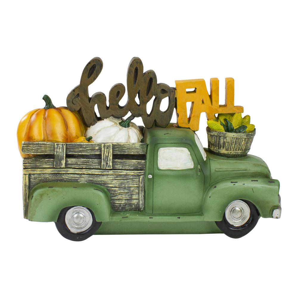 11.25" Green Truck "Hello Fall" Autumn Harvest Pumpkin Tabletop Decoration. Picture 3