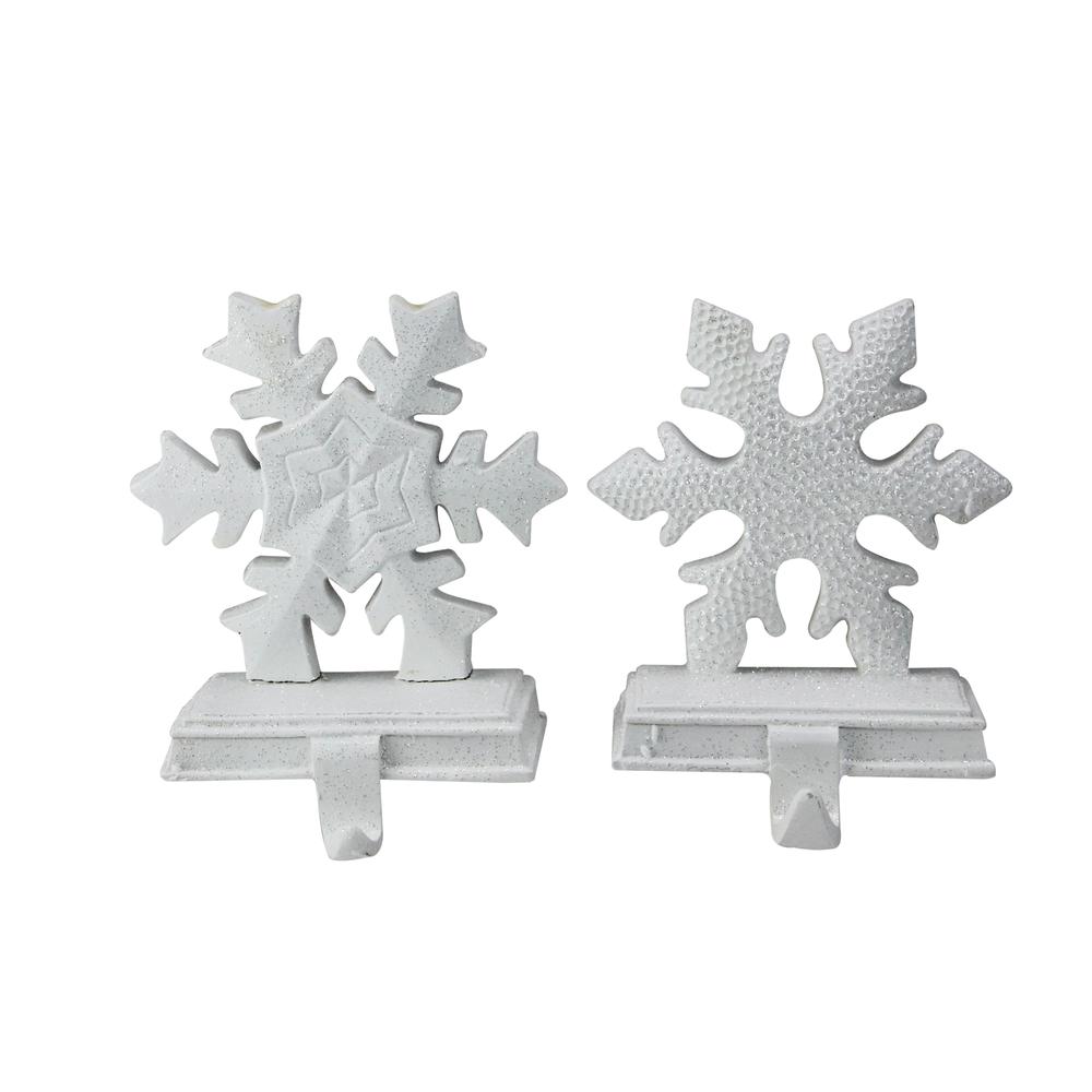 Set of 2 White Glittered Snowflake Christmas Stocking Holder 6.5". Picture 1