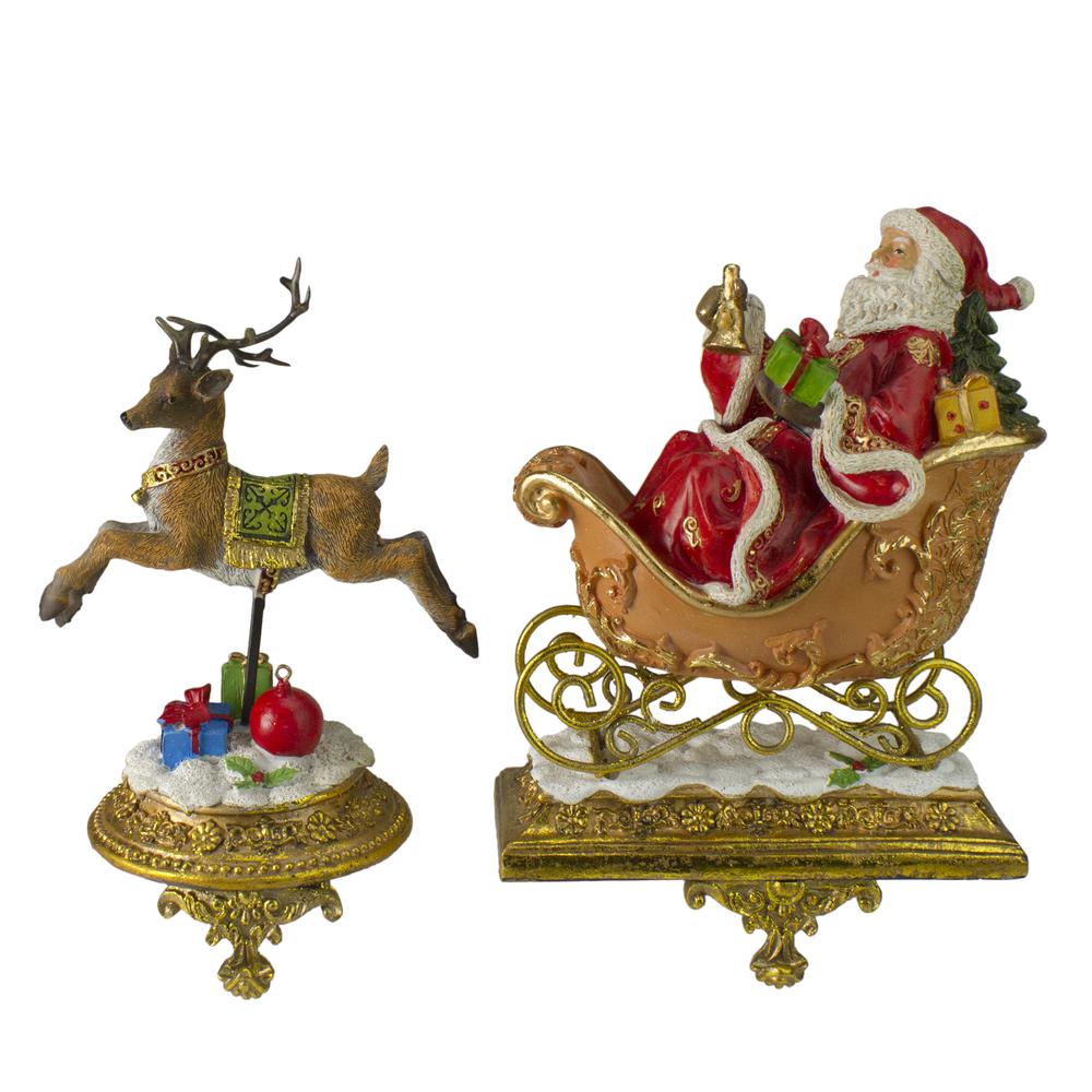Set of 2 Gold Santa and Reindeer Glittered Christmas Stocking Holders 9.5". The main picture.