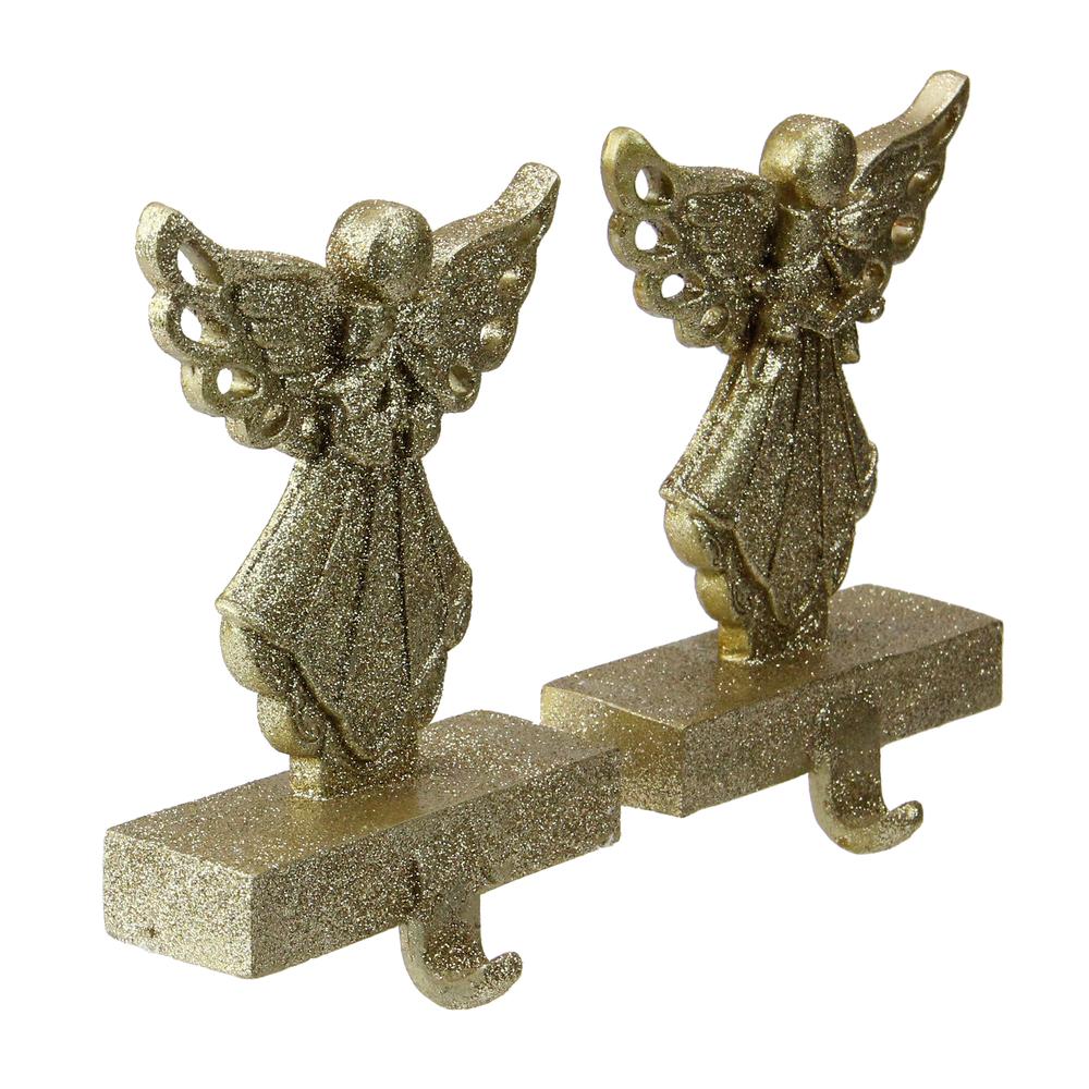 Set of 2 Gold Angel Glittered Christmas Stocking Holders 6.5". Picture 2
