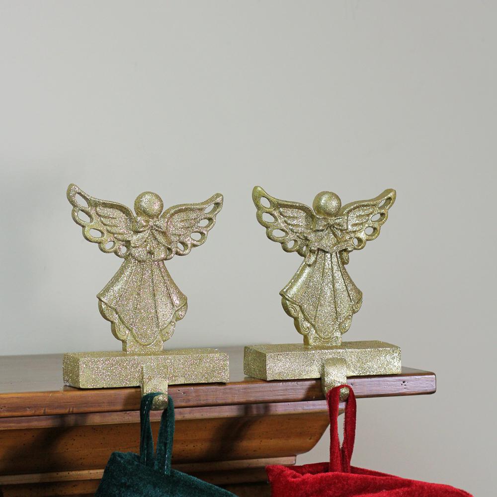 Set of 2 Gold Angel Glittered Christmas Stocking Holders 6.5". Picture 3