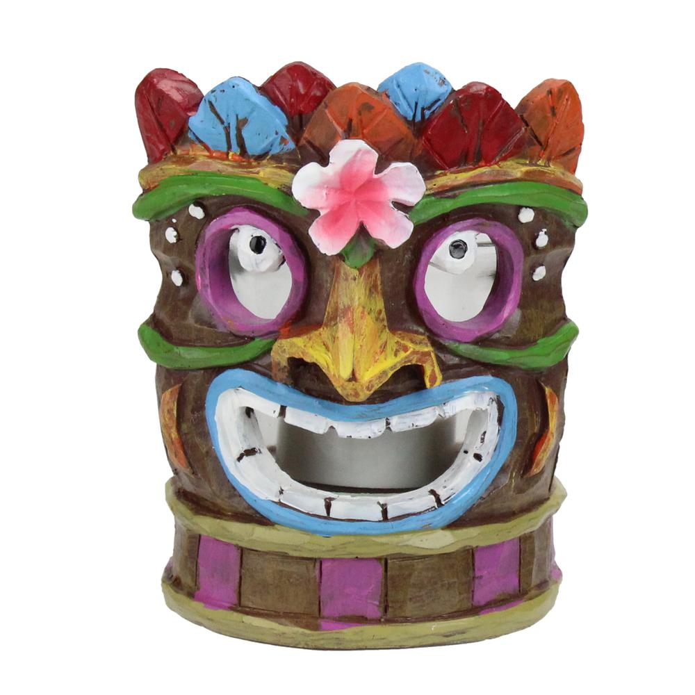 4.5" Smiling Tiki Mask with Colorful Leaves Candle Holder. Picture 1