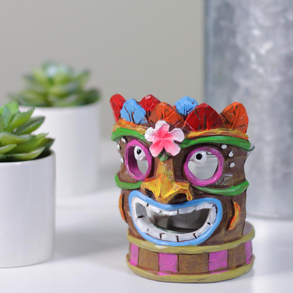 4.5" Smiling Tiki Mask with Colorful Leaves Candle Holder. Picture 3