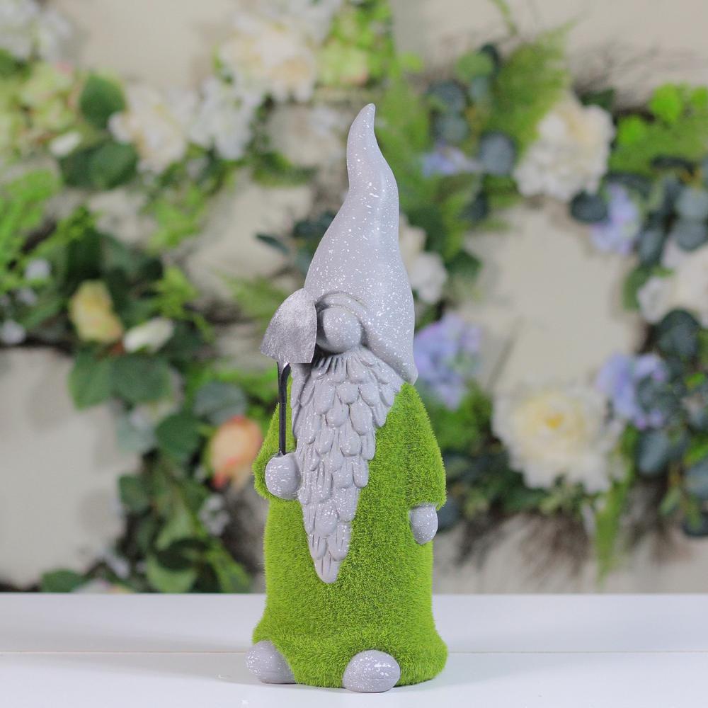 14" Faux Moss Covered Gnome with Shovel Outdoor Garden Statue. Picture 3