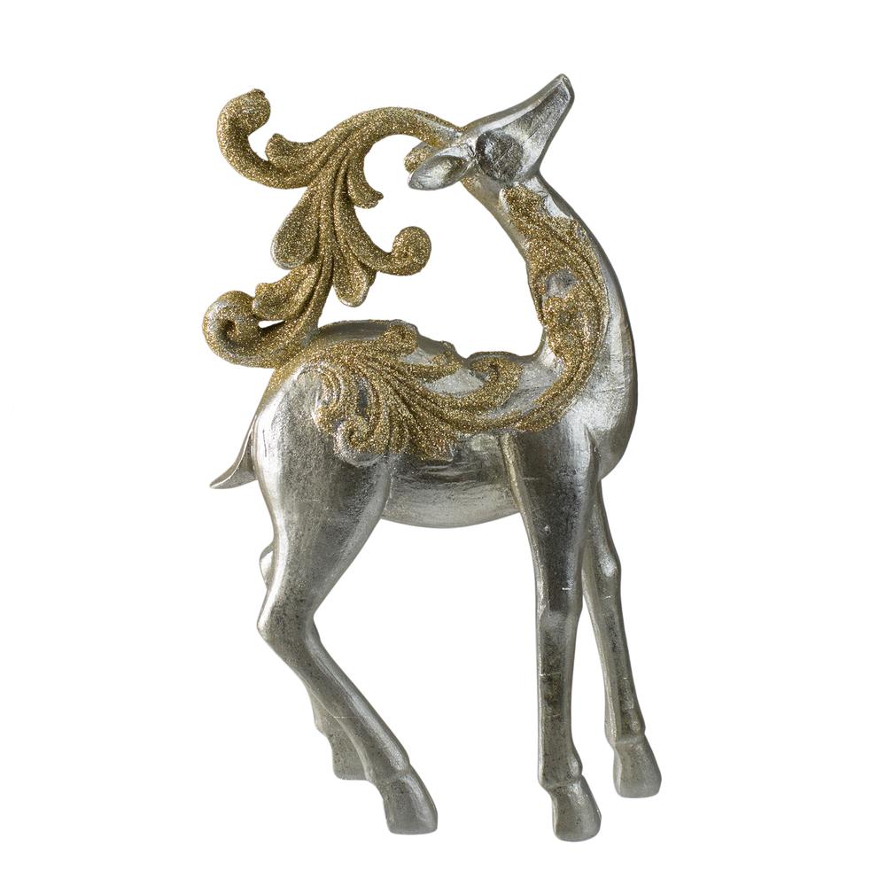 12" Silver and Gold Glitter Christmas TableTop Reindeer Figure. Picture 1