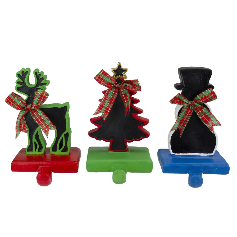 Set of 3 Reindeer Tree and Snowman with Chalkboard Christmas Stocking Holders 7". Picture 1