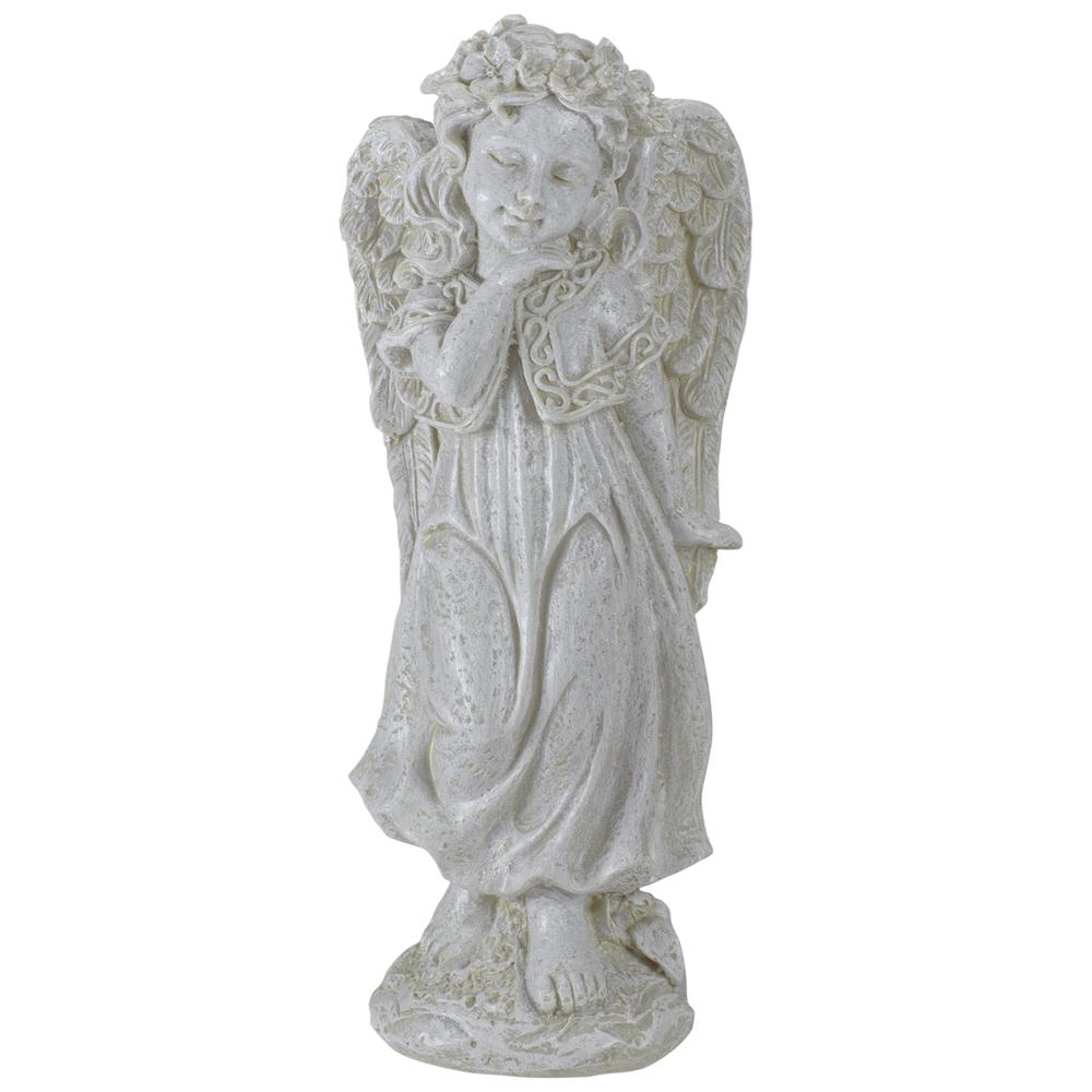 9.75" Ivory Standing Angel Girl with Floral Crown Outdoor Patio Garden Statue. Picture 1