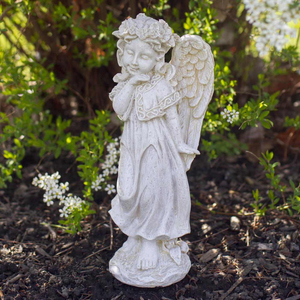 9.75" Ivory Standing Angel Girl with Floral Crown Outdoor Patio Garden Statue. Picture 2