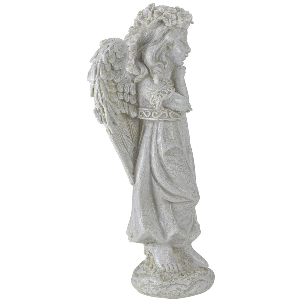 9.75" Ivory Standing Angel Girl with Floral Crown Outdoor Patio Garden Statue. Picture 3