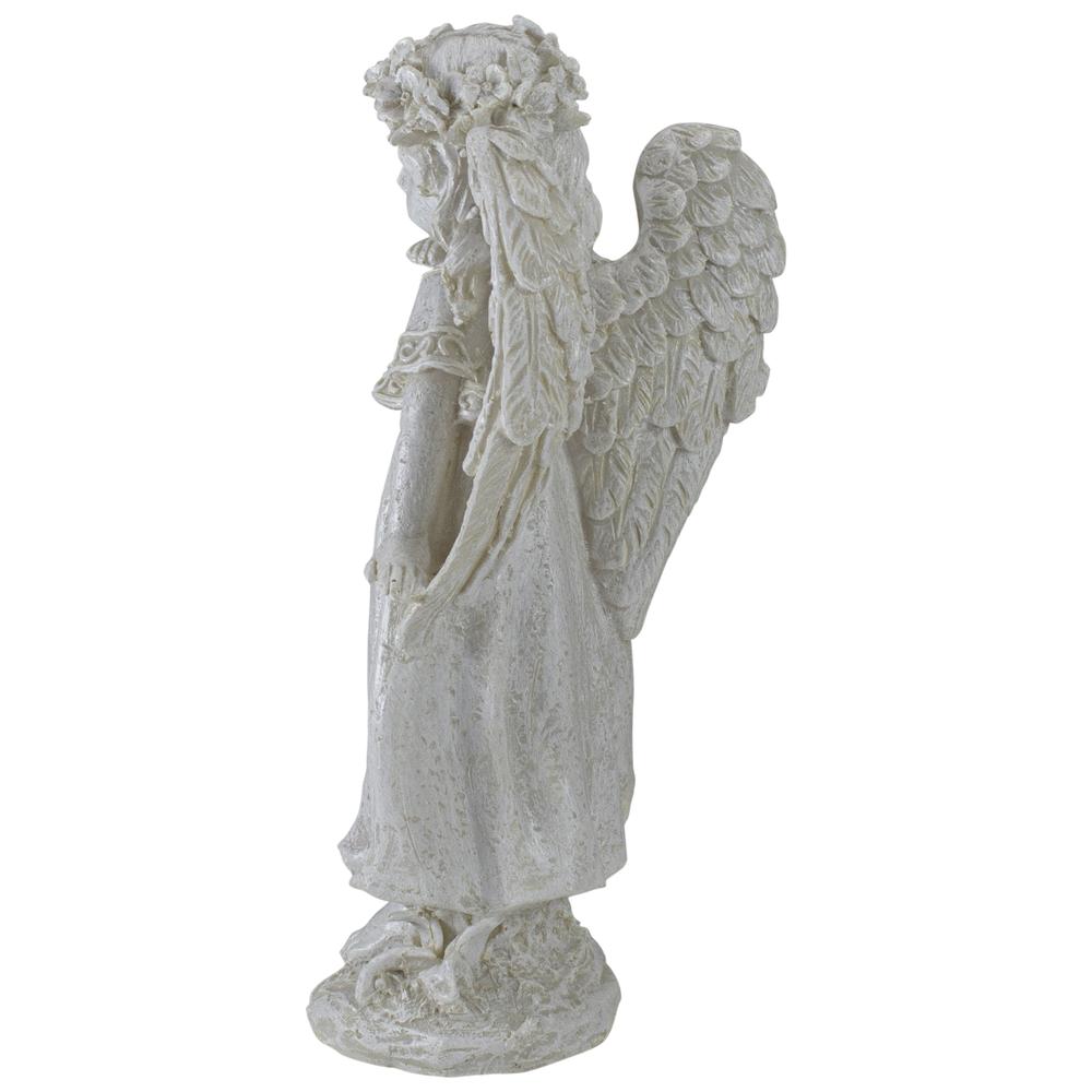9.75" Ivory Standing Angel Girl with Floral Crown Outdoor Patio Garden Statue. Picture 4
