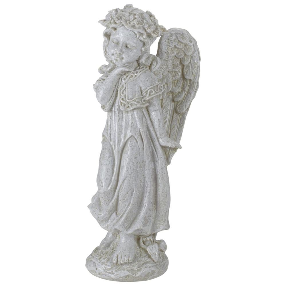 9.75" Ivory Standing Angel Girl with Floral Crown Outdoor Patio Garden Statue. Picture 5