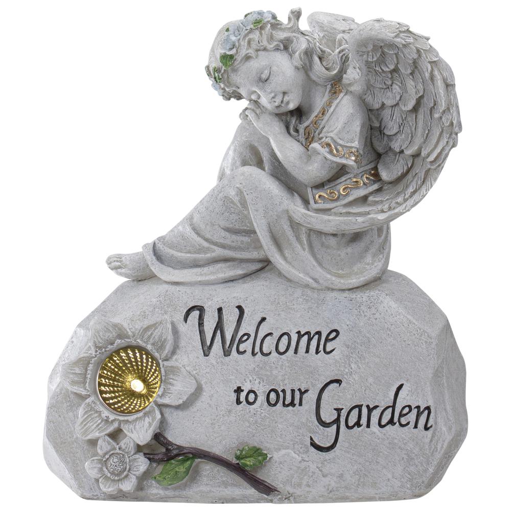 9.25" Gray Solar Powered "Welcome to Our Garden" Angel Outdoor Garden Statue. Picture 1