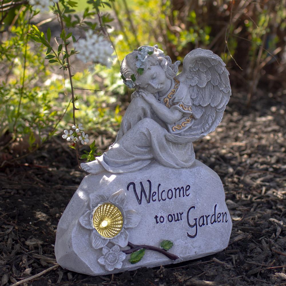 9.25" Gray Solar Powered "Welcome to Our Garden" Angel Outdoor Garden Statue. Picture 2