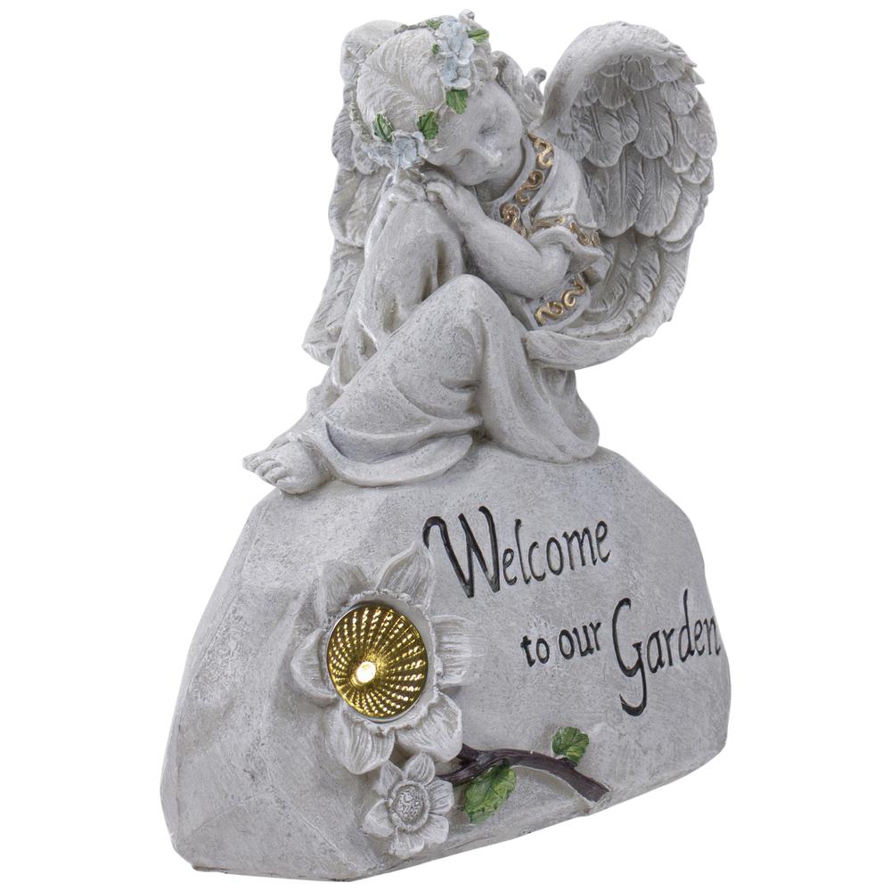 9.25" Gray Solar Powered "Welcome to Our Garden" Angel Outdoor Garden Statue. Picture 3