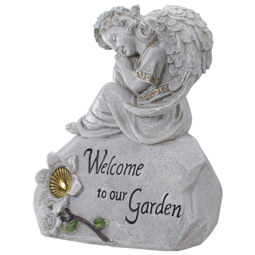 9.25" Gray Solar Powered "Welcome to Our Garden" Angel Outdoor Garden Statue. Picture 5