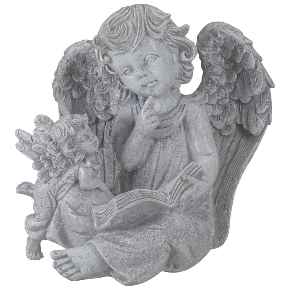 8.25" Gray Sitting Cherub Angels with Book Outdoor Patio Garden Statue. Picture 1