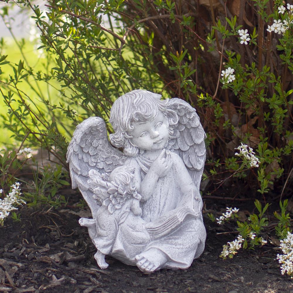 8.25" Gray Sitting Cherub Angels with Book Outdoor Patio Garden Statue. Picture 2